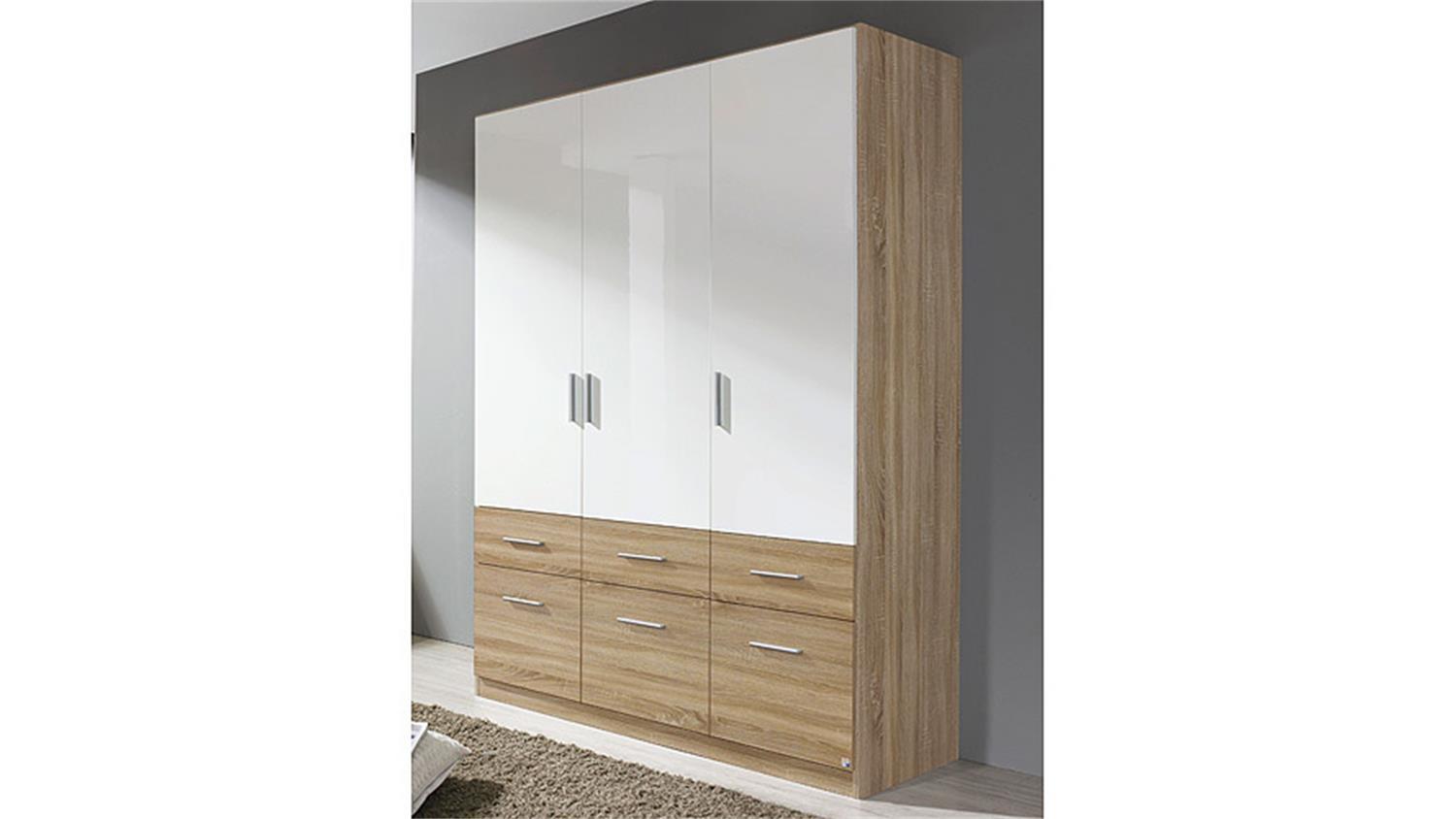 'Celle' Kleiderschrank mit Schubladen, weiß Hochglanz/Eiche Sonoma, 136x197 cm Bild 1