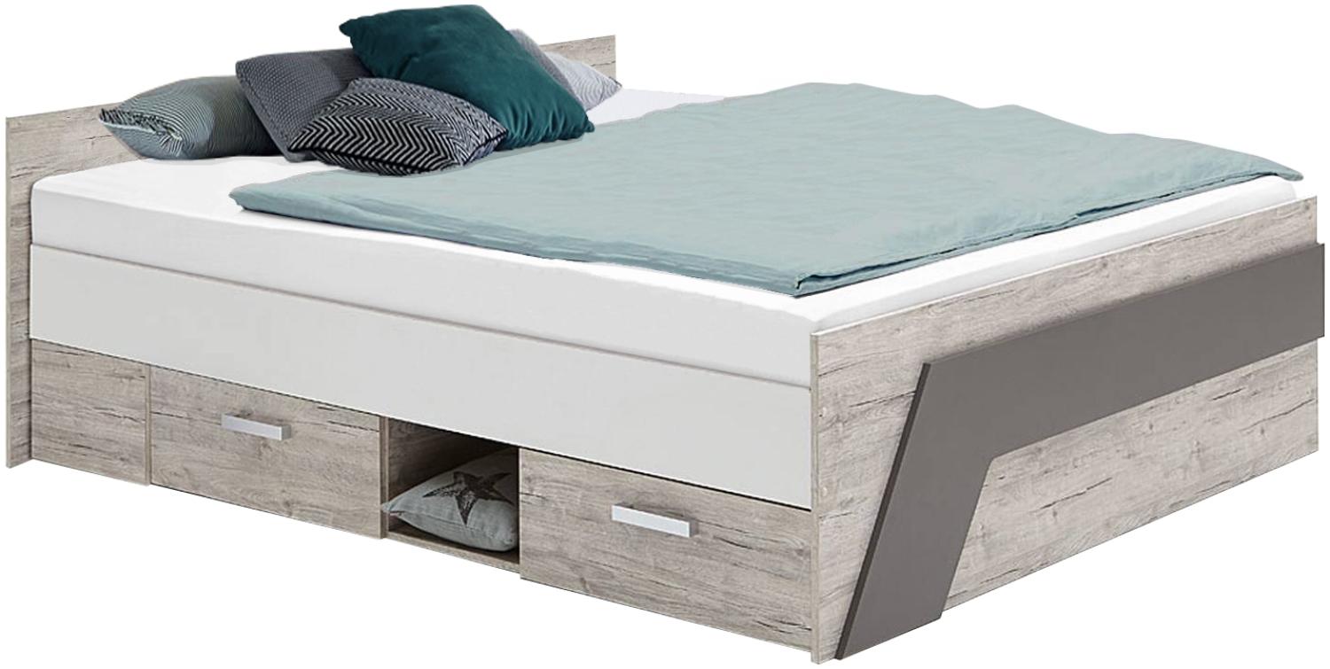 FMD Möbel 'NONA 11' Jugendbett 140 cm, melaminharzbeschichtete Spanplatte, Sandeiche Nb/weiß/Lava, 204,5 x 69,5 x 144,6cm Bild 1