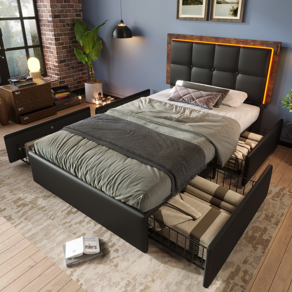 Polsterbett 90x200 cm aus PU mit LED-Beleuchtung und 4 Schubladen Bild 1
