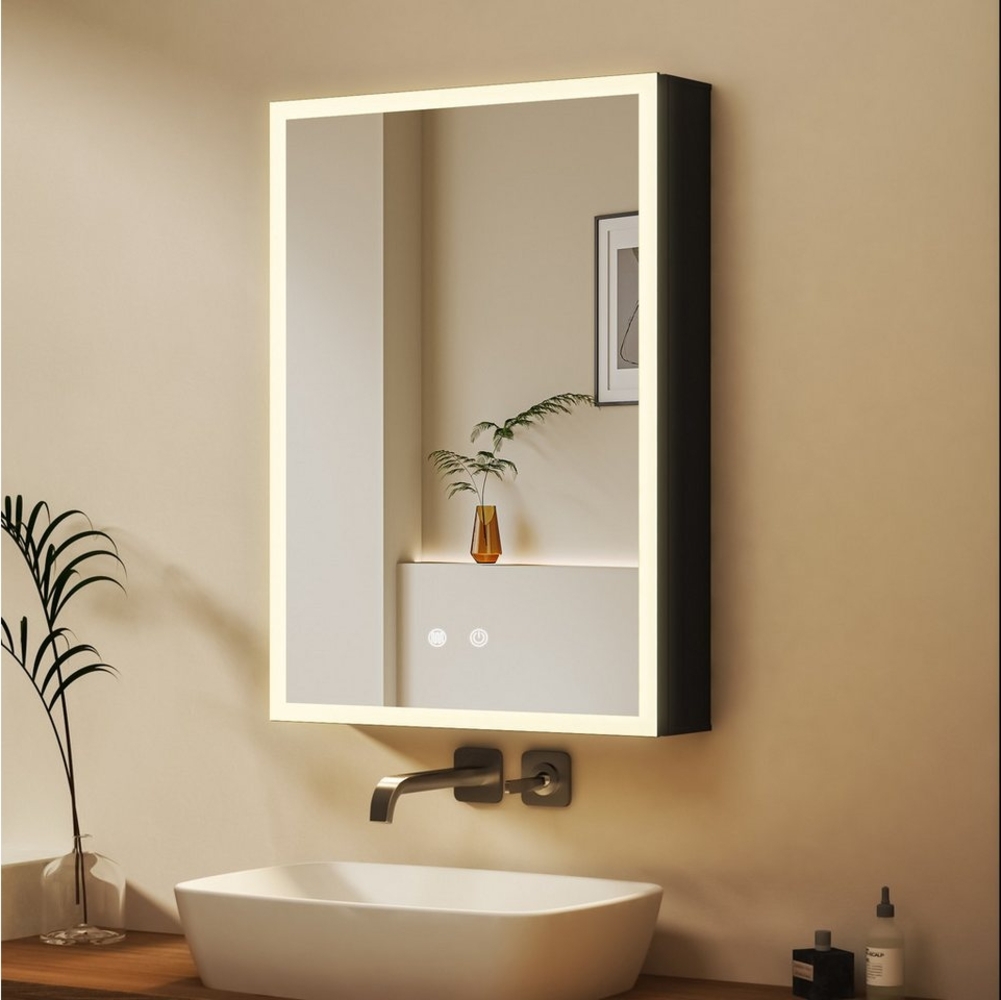 WDWRITTI Badezimmerspiegelschrank mit LED Beleuchtung Spiegelschrank Schwarz mit ohne Steckdose (80x60, 50x70, 40x60cm, Alu-Schranktür, Doppelseitiger Spiegel, 2Touch, Anti-fog, 3Lichtmodi, Dimmbar, Memory) mit Netzadapter, Verstellbare Glasböden Bild 1