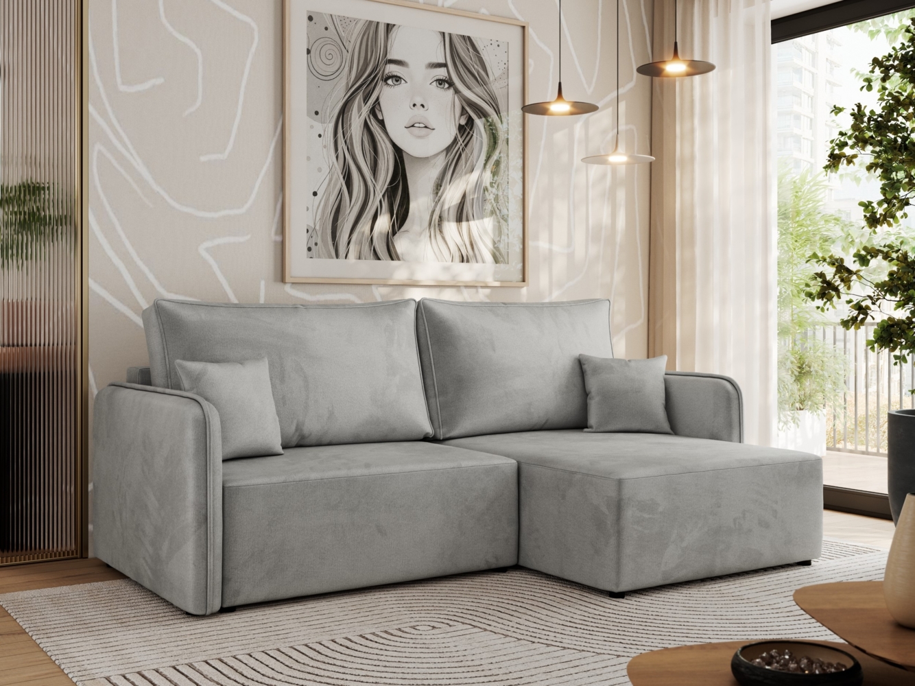 L-förmiges Ecksofa mit Armlehnen, für das Wohnzimmer, Schlaffunktion und Bettkästen, Wellenfeder am Sitz, losen Kissen - MESTO - Hellgrau Velours - rechte Seite Bild 1