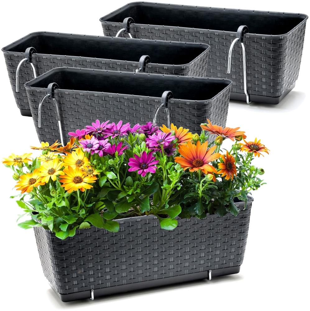 BigDean 4er Set Blumenkästen für Balkon-Geländer - Rattan-Optik - Anthrazit - Balkonkästen mit Metall-Halterung - 39 x 15,5 x 14 cm - inkl. Bewässerungssystem Bild 1