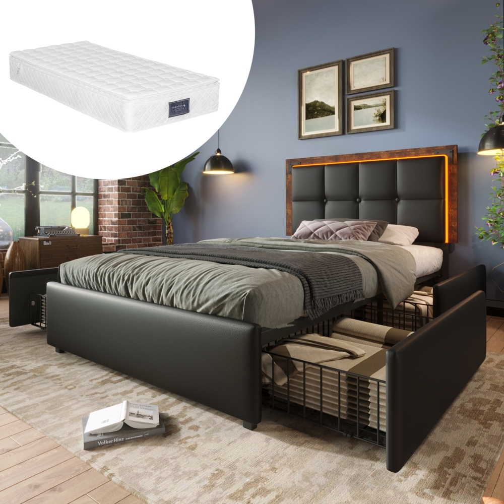 Polsterbett 90x200 cm aus PU mit LED-Beleuchtung und 4 Schubladen – verstellbares Kopfteil Bild 1