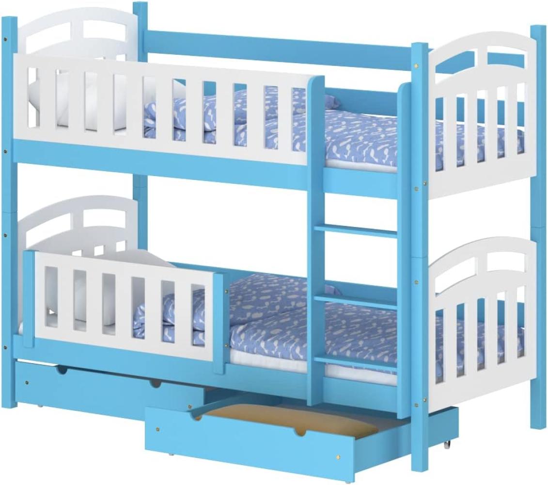 WNM Group Hochbett mit Rausfallschutz und 2 Schubladen Suzie - aus Massivholz - Kinderbett fr Mdchen und Jungen - Absturzsicherung Kinderhochbetten 200x90 cm - Blau Bild 1