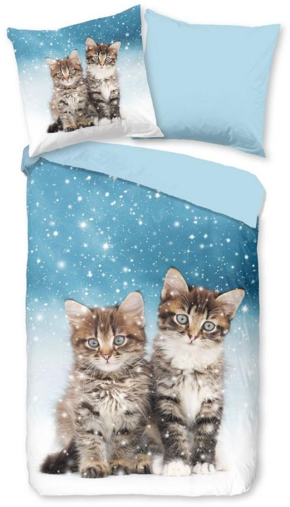 Traumschloss Bettwäsche Comfort Baumwolle, Flanell, 2 teilig, Katzen,Schnee,Schneeflocken,blau Bild 1