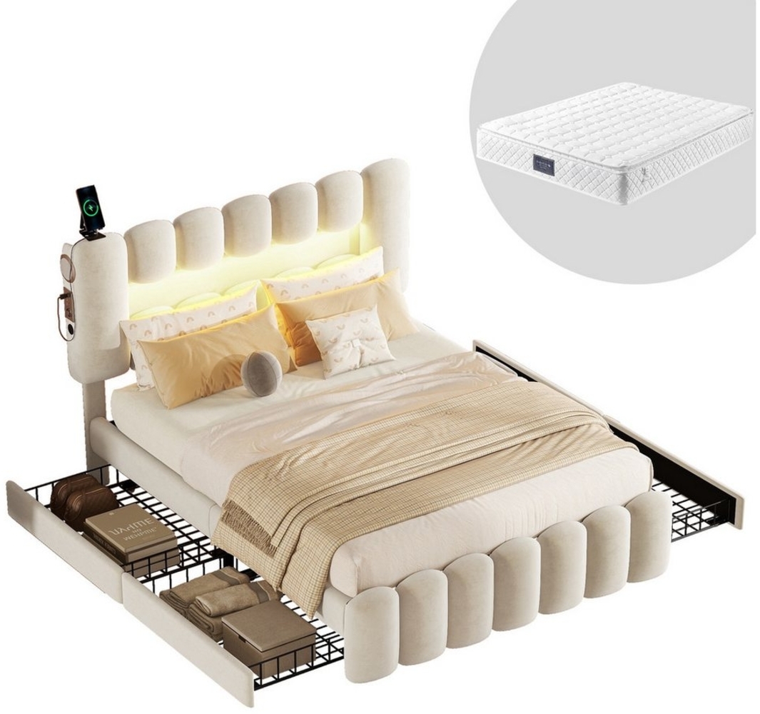 HAUSS SPOLE Polsterbett 140x200 cm mit 4 Schubladen, LED-Lichtleiste, USB, Beige mit Matratz, modernes Design Bild 1