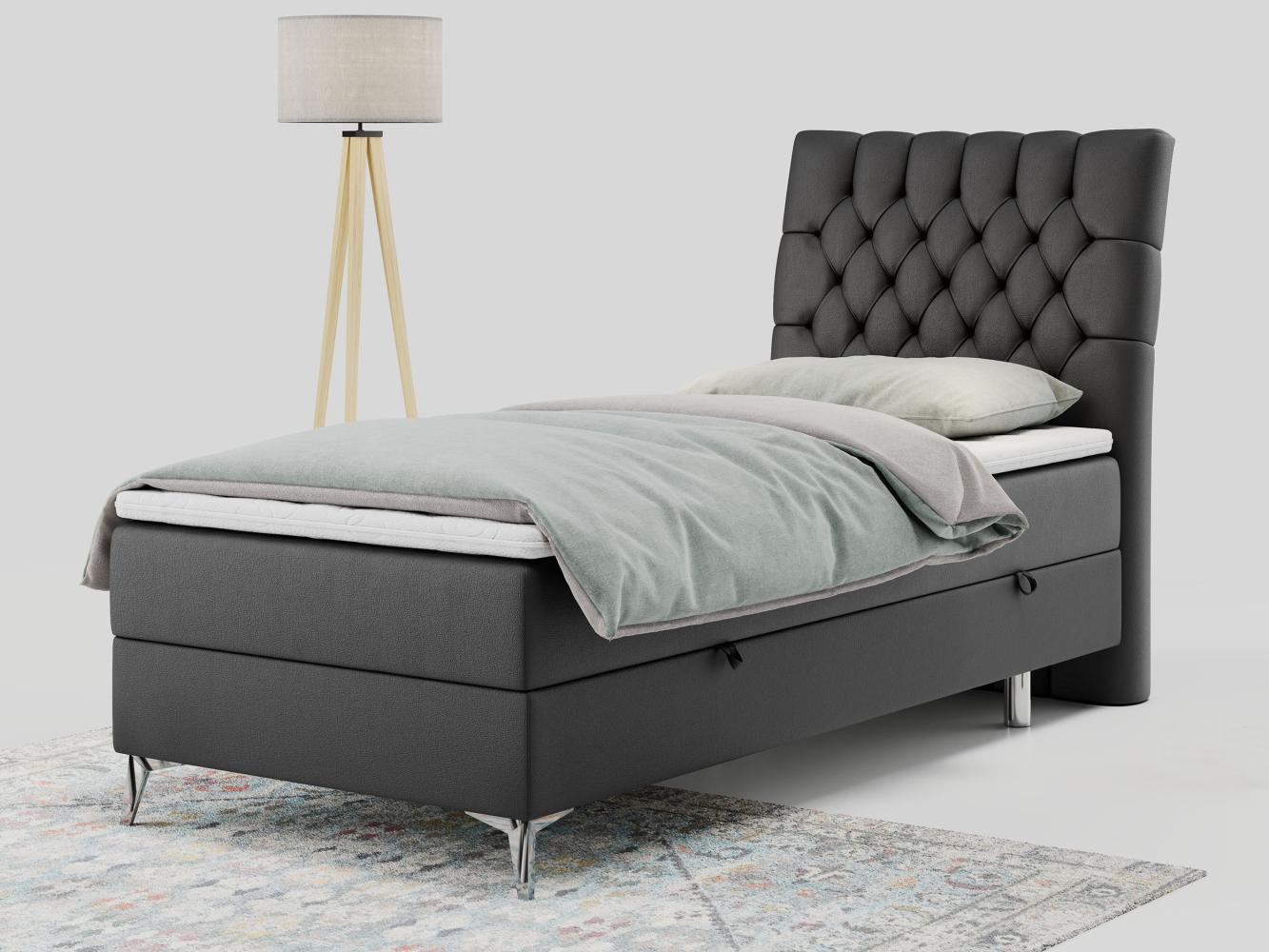 Boxspringbett MILEN, Einzelbett 90x200, Polsterbett mit Multipocket-Matratze und Topper - Dunkelgrau Kunstleder - rechts - H4 Bild 1