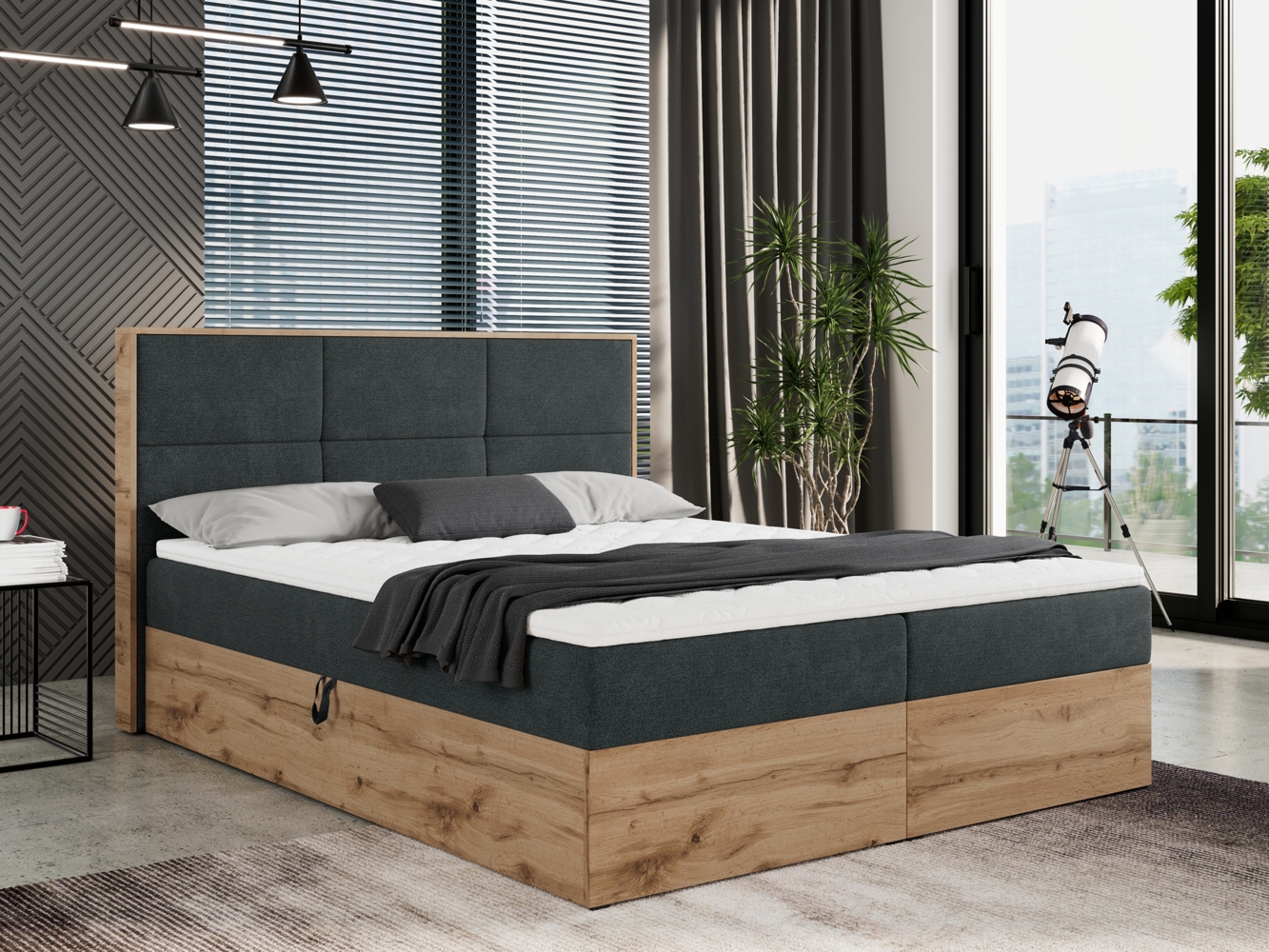 Boxspringbett mit Kopfteil und Topper, Polsterbett - ALBERO 2 - 200 x 200 cm - Dunkelgrau Stoff - H4 Bild 1