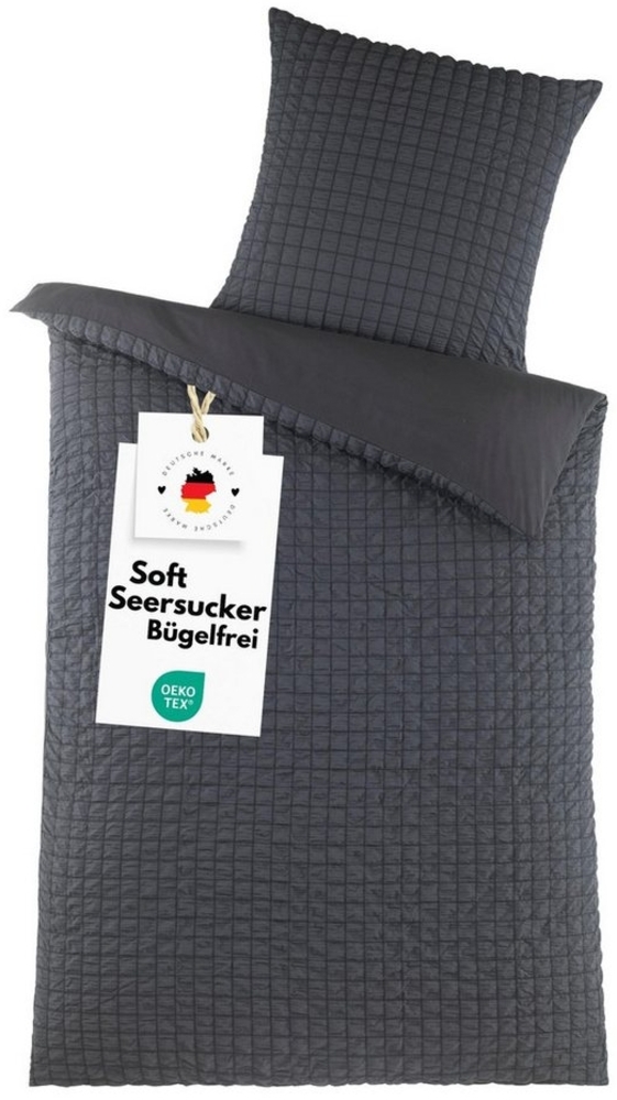 Carpe Sonno Bettwäsche Seersucker 135x200 Mikrofaser Bügelfrei Reißverschluss Sommer Bettzeug, Soft-Seersucker, 2 teilig, Kühlend leichte Wende-Bettwäsche Grau Anthrazit Bild 1