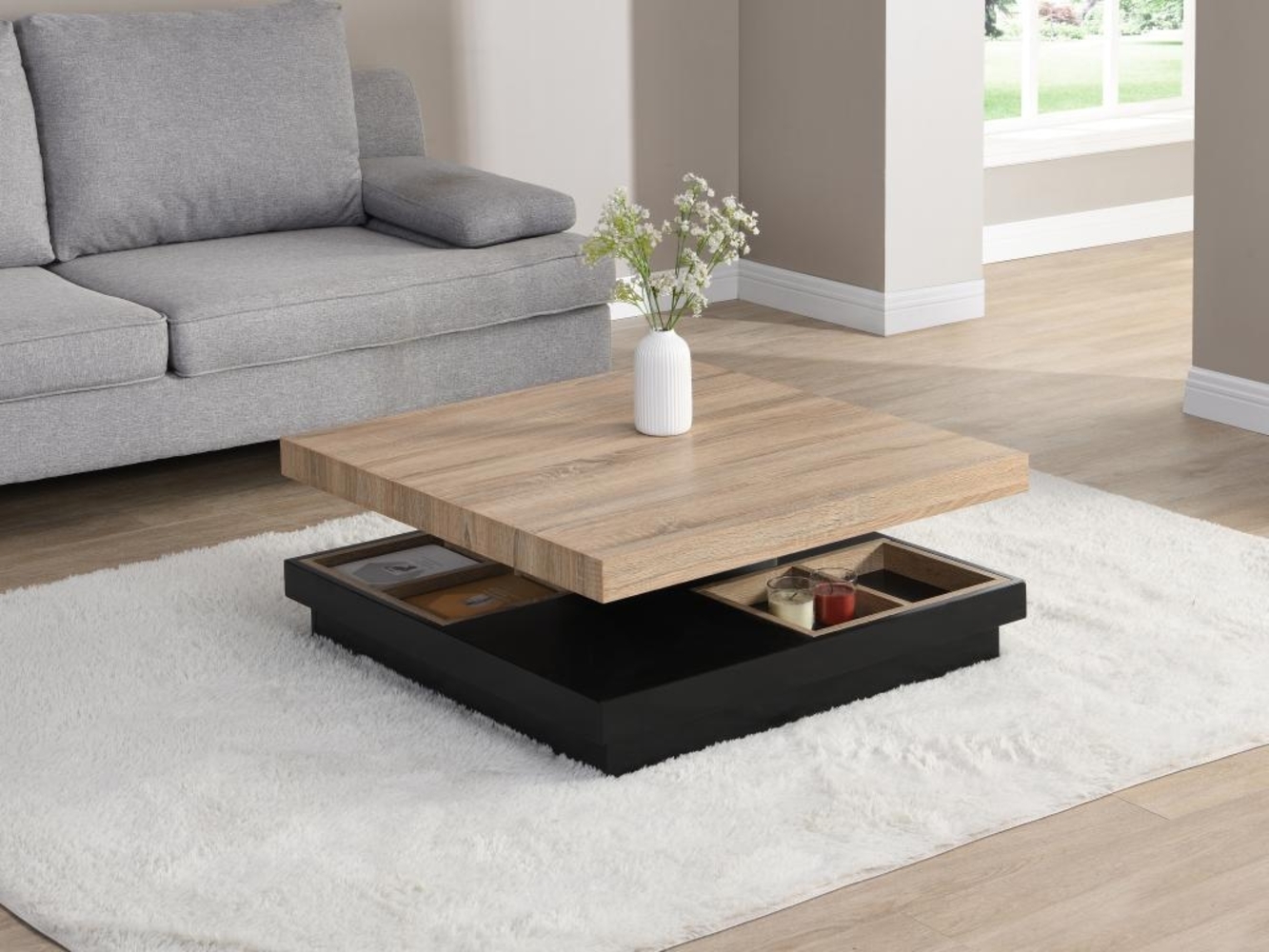 Vente-unique - Couchtisch mit drehbarer Tischplatte - MDF - Schwarz lackiert & Naturfarben - FAUSTO Bild 1