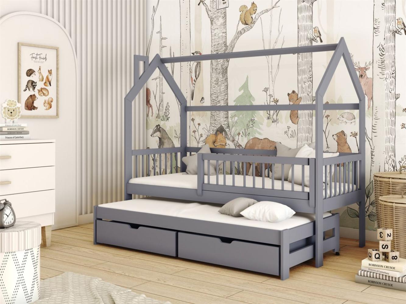 Hausbett Kinderbett PERLE 200x90cm Kiefer Massiv Grau inkl. Zusatzbett Bild 1