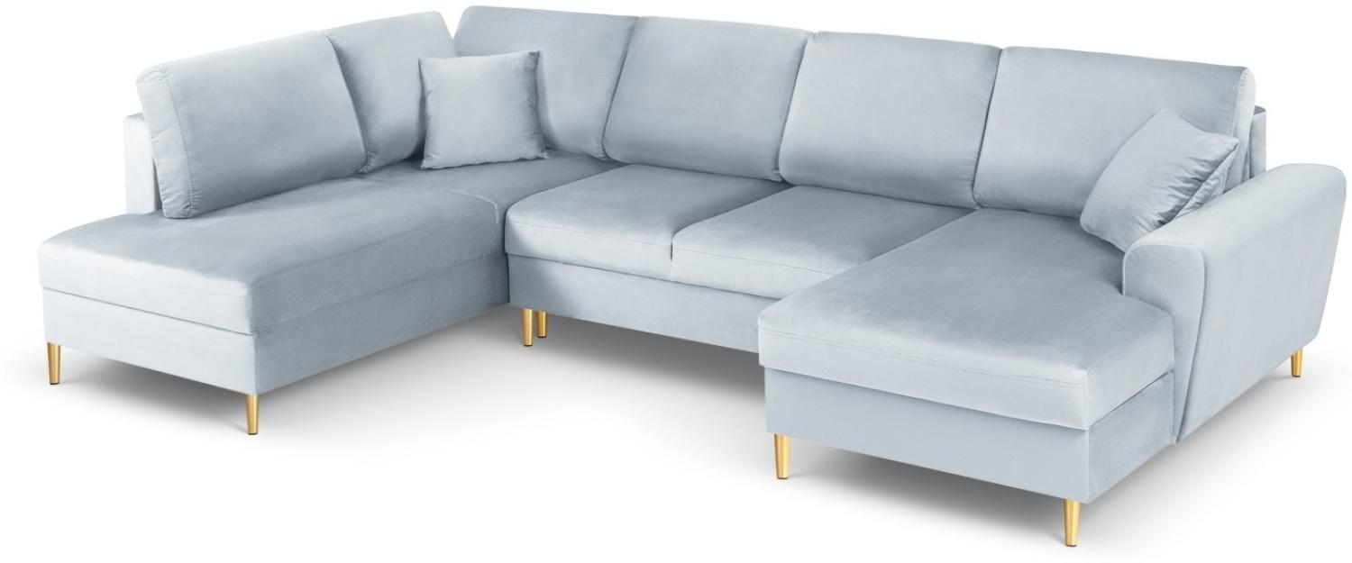 Micadoni 7-Sitzer Samtstoff Panorama Sofa Links mit Box und Schlaffunktion Moghan | Bezug Light Blue | Beinfarbe Gold Me... Bild 1