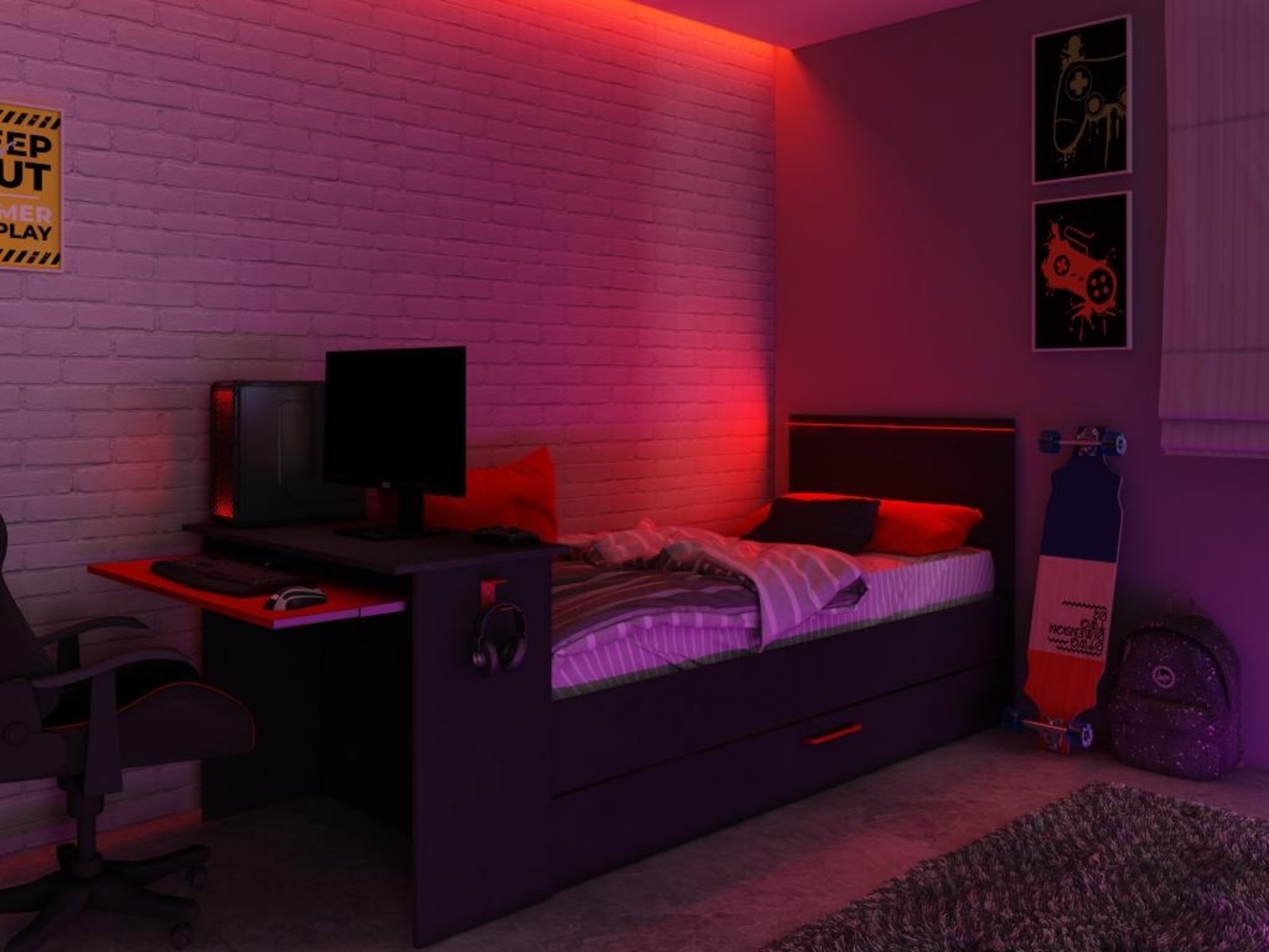 Vente-unique - Ausziehbett Gamer mit Schreibtisch & LEDs - 90 x 200 und 90 x 190 cm - Anthrazit & Rot - VOUANI Bild 1