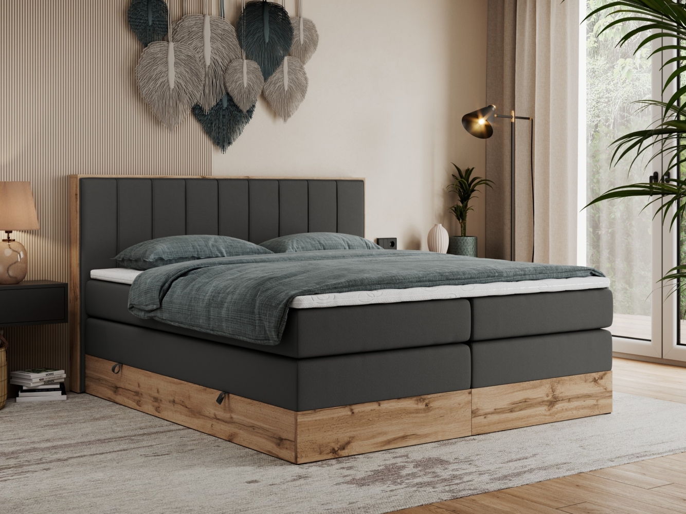 Boxspringbett BELLISSIMO KING, Doppelbett mit Multipocket-Matratze, Polsterbett mit Kopfstütze - 180 x 200 cm - Dunkelgrau Kunstleder - H3 Bild 1