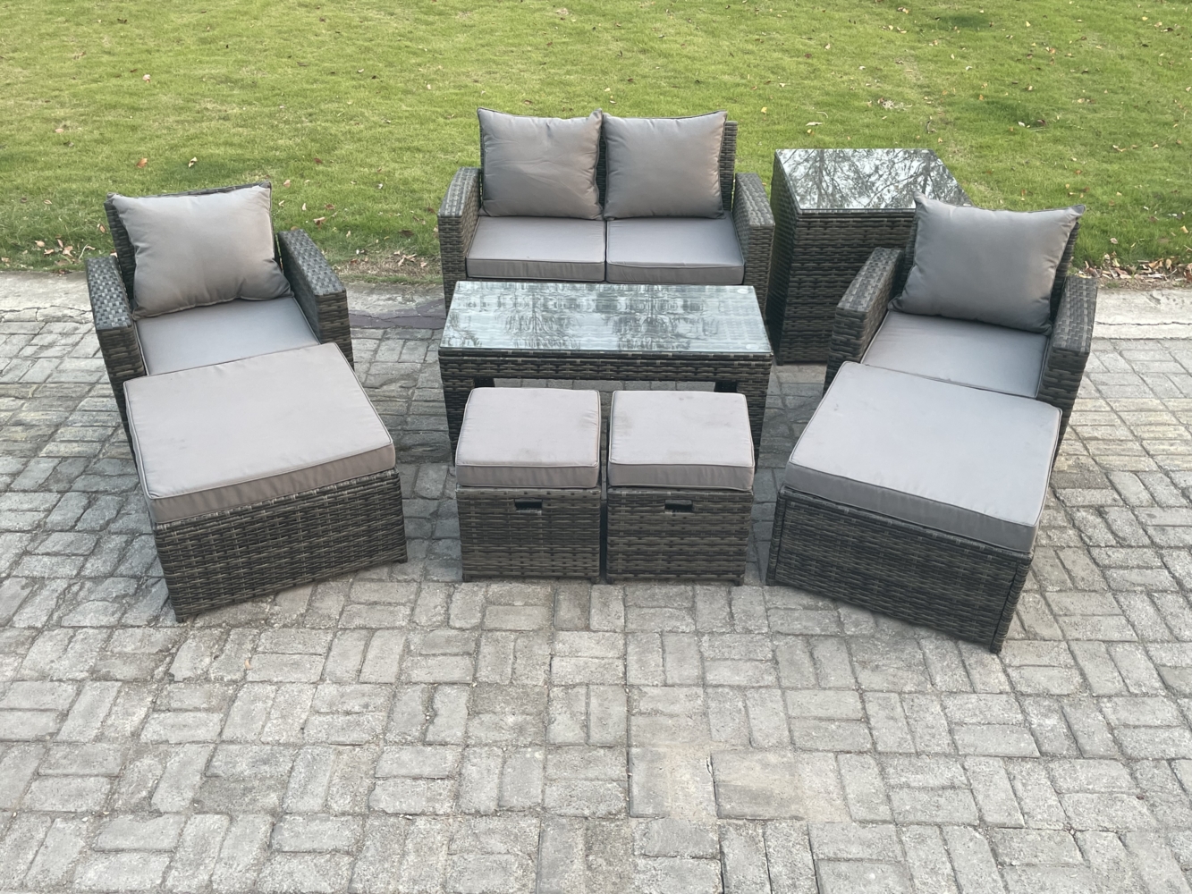 Fimous Hoher Rücken Rattan Gartenmöbel Sets mit Rechteckig Couchtisch Beistelltische Stuhl 2 Großer Fußhocker 2 Kleiner Fußhocker Dunkelgrau Gemischt Bild 1
