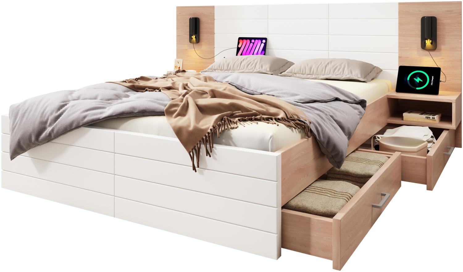 Merax Doppelbett Holzbett 180×200cm mit 2 Schubladen, Kopfteil Leselicht mit USB Ladefunktion, inkl. 2 Nachtkommode, Eiche/Weiß(Ohne Matratze) Bild 1