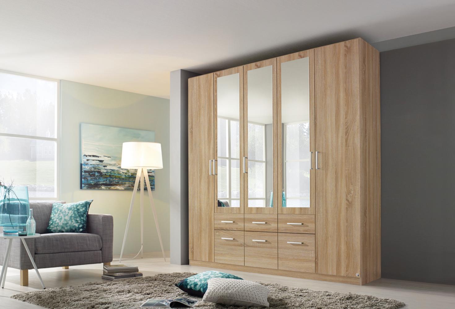 rauch Kleiderschrank, Drehtürenschrank BINGEN, 5-türig, 3 Spiegeltüren teilaufgelegt, 6 Schubkästen, Eiche Sonoma, 226 x 229 x 54 cm Bild 1