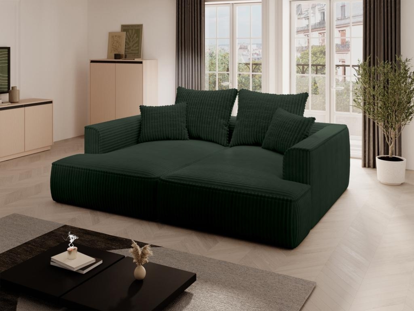 Vente-unique - Sofa 3-Sitzer - tiefe Komfortsitzfläche - grob gerippter Cord - Grün - PINETA Bild 1