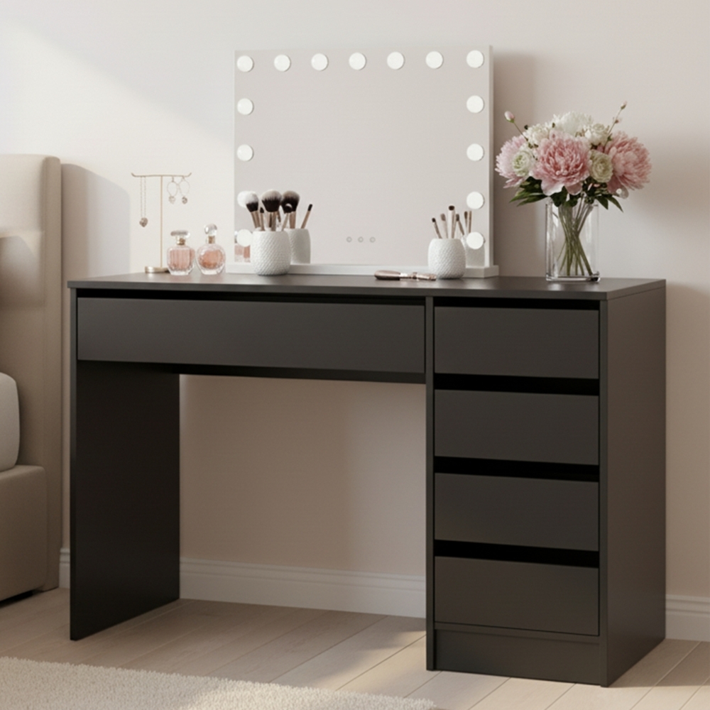 Bellamio 'Nore' Schminktisch mit Spiegel, Hollywood Spiegel mit LED-Beleuchtung, mit 5 Schubladen, beidseitig montierbar, schwarz, 75x53x110 cm Bild 1