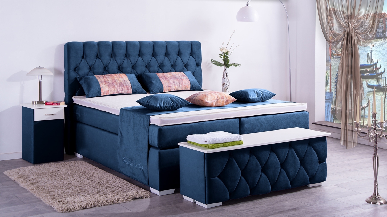 Meisterbetten Boxspringbett Jana 240x220 in VS-Royalblau, Matratzenbezug Nano, Ergoflex-Topper Bild 1