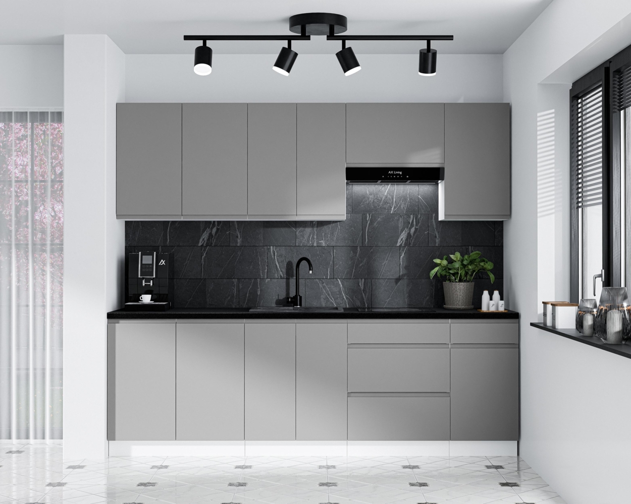 AX LIVING Aquileia Küchenzeile 240 cm – Grau Fronten mit Weißem Korpus und Arbeitsplatte Vulkanisch Schwarz Bild 1