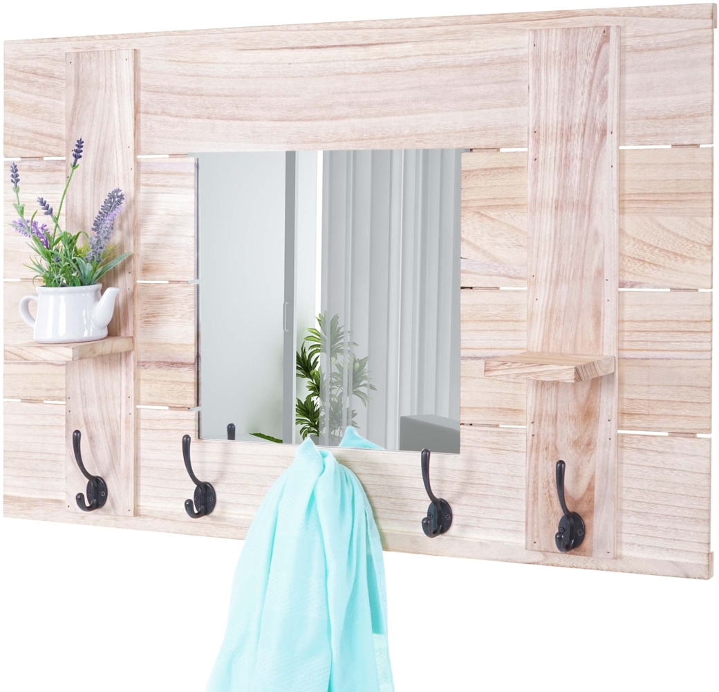 Wandgarderobe HWC-C89 mit Spiegel, Garderobenpaneel Garderobe, Shabby-Look Vintage, 5 Haken 90x60cm ~ naturbraun Bild 1