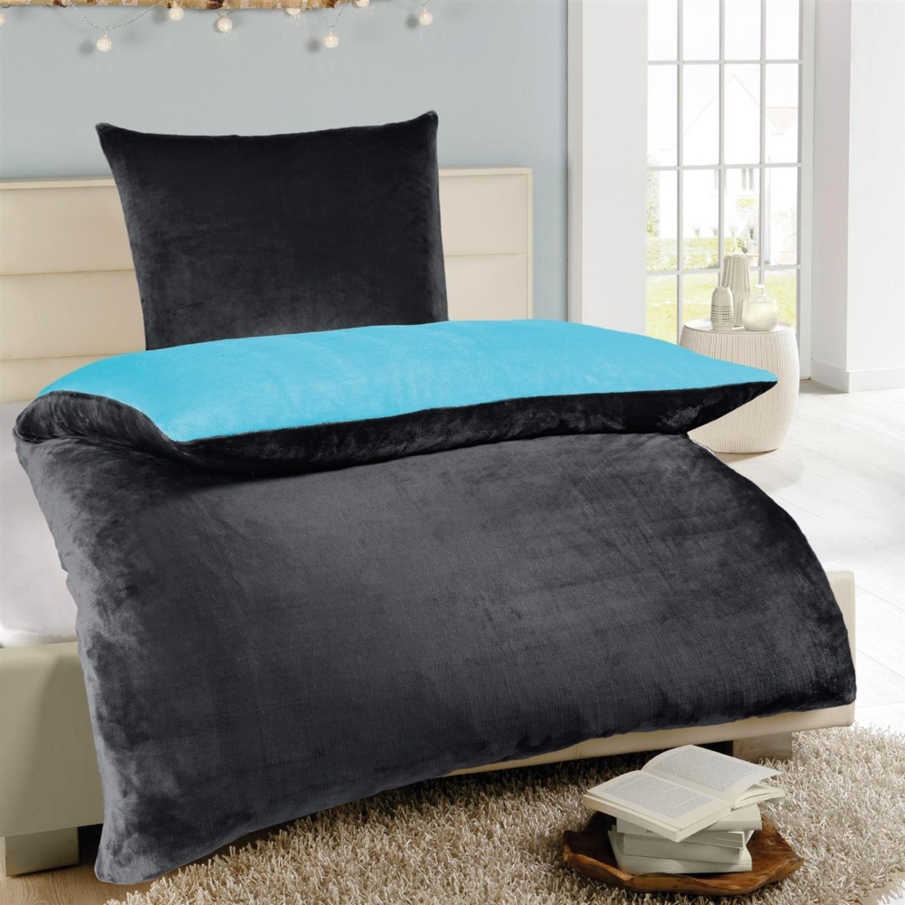 Bettwäsche 2-TLG Cashmere Touch ( Anthrazit / Petrol ) - Öko-Tex - 1 Bettbezug 135x200cm + 1 Kissenbezug 80x80cm Bettdecken Set mit Reißverschluss Bild 1