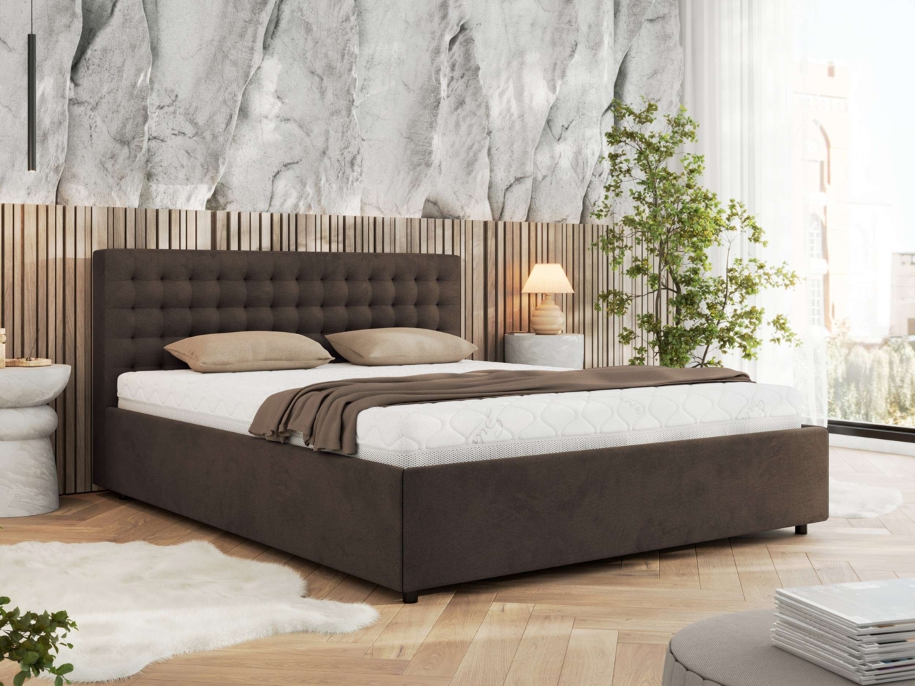 Polsterbett mit Holzlattenrost Doppelbett PAVO CLASSIC, hohe Kopfteil, Bettkasten mit Gasdruckfeder - 180x200 cm - Braun Velvet Bild 1