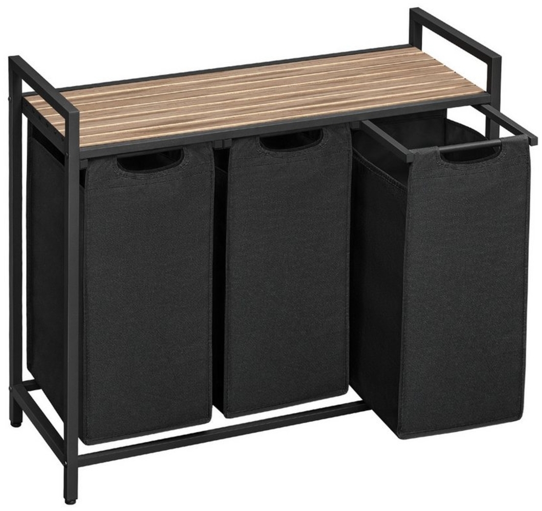 VASAGLE Wäschekorb 3 Fächer, Wäschesammler mit Ablage, Wäschebox, Wäschesack aus Oxford-Gewebe ausziehbar abnehmbar, Metallrahmen, 3 x 38 L, 92,5 x 33 x 72 cm, kamelbraun-schwarz von SONGMICS Bild 1