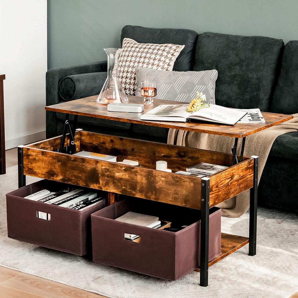 COSTWAY Couchtisch höhenverstellbar, Beistelltisch mit verstecktem Stauraum & 2 klappbaren Stoffschubladen, Sofatisch aus Holz, Kaffeetisch für Wohnzimmer & Büro (Rustikalbraun) Bild 1