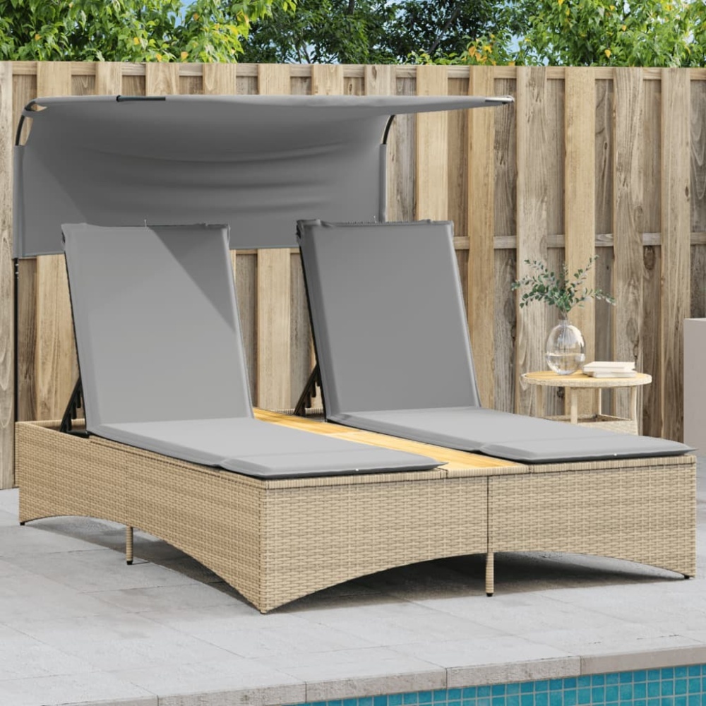 vidaXL Doppel-Sonnenliege mit Dach und Auflagen Beige Poly Rattan 365623 Bild 1