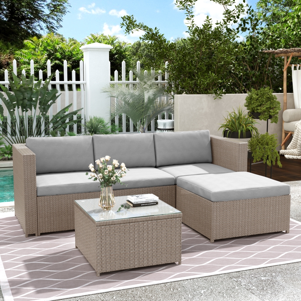 Merax Polyrattan Lounge-Sofagarnitur, Lounge-Gartenmöbel, Ecksofa, Couchgarnitur mit Sitz- und Rückenkissen, Lounge-Tisch mit Glasplatte, Khaki Bild 1