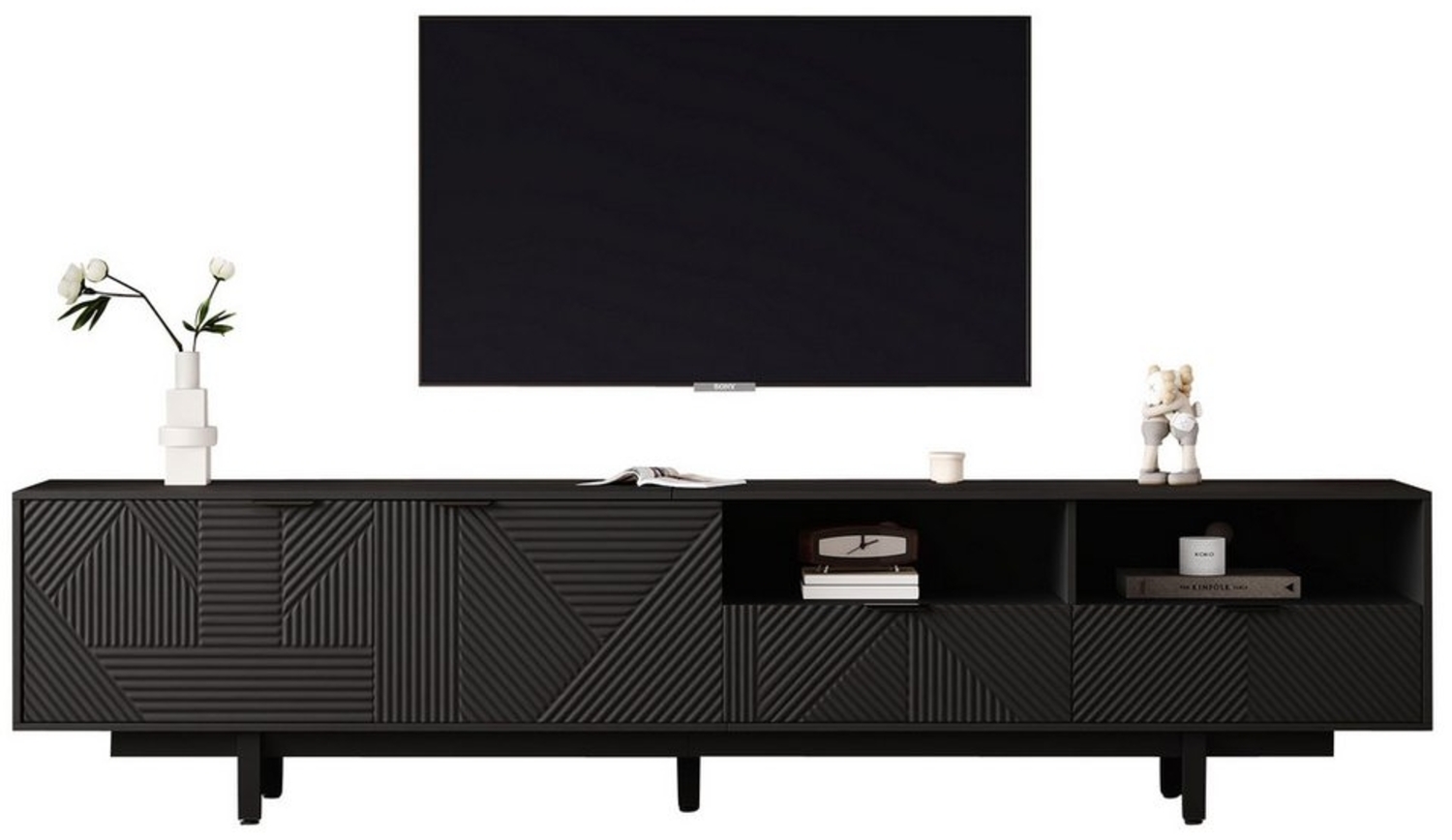 Merax Lowboard mit geometrischen Linien, TV-Schrank mit 2 Türen, 2 Schubladen und 2 offene Fächer, Breit: 200cm Bild 1