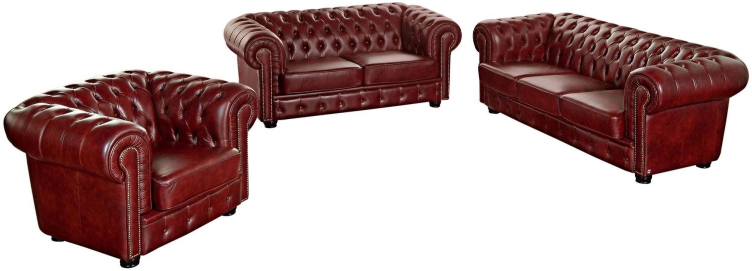 Sofa 3-Sitzer / Sofa 2-Sitzer / Sessel Kath Bezug Wischleder Buche nussbaum dunkel / rot 22456 Bild 1