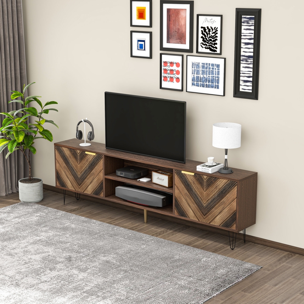 Elegantes TV-Lowboard aus Holz mit goldenen Griffen und stabilen Eisenfüßen – 155 x 38 x 48 cm, Naturfarbe, 155x38x48cm, Holzfarbe Bild 1