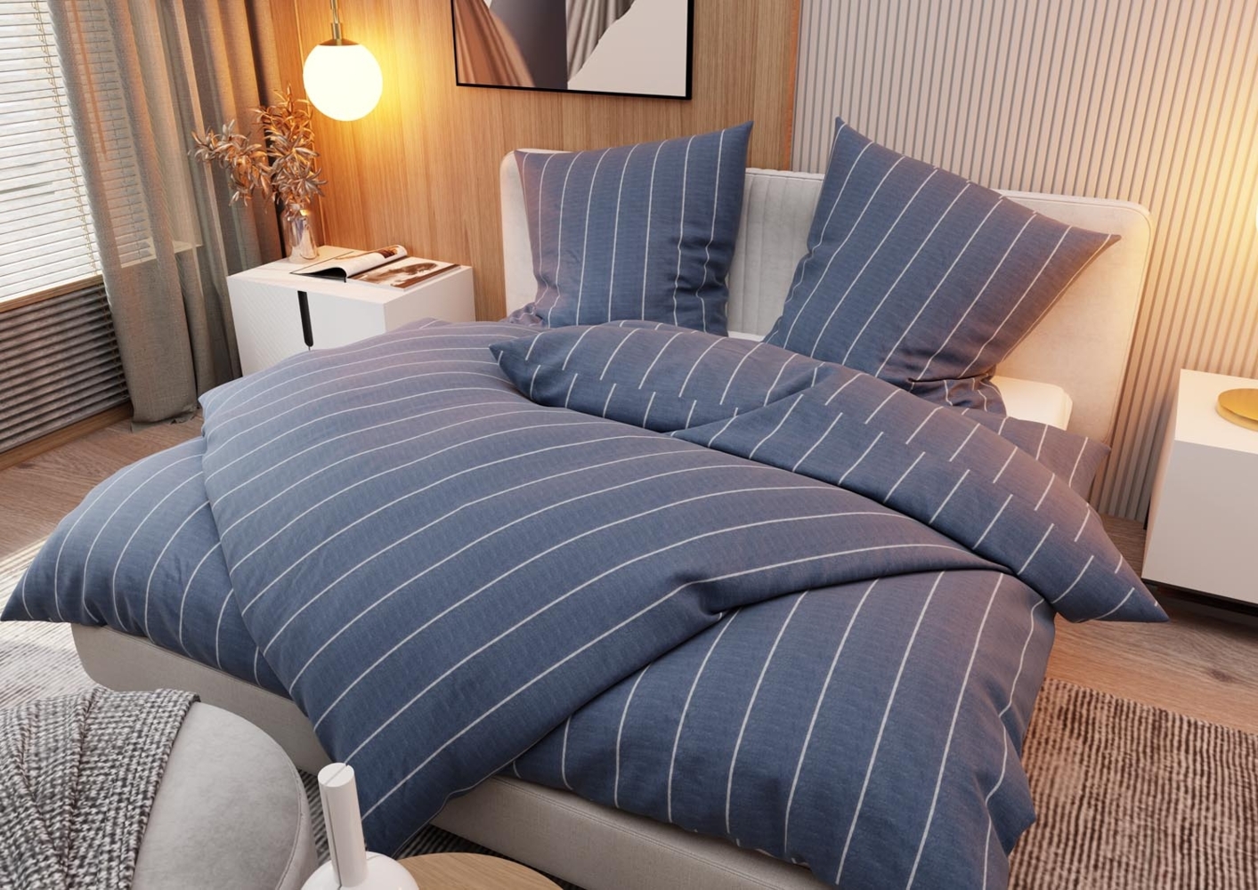 Flanell Bettwäsche Streifen meliert dunkelblau Garnitur 135x200 + 80x80 cm Bild 1