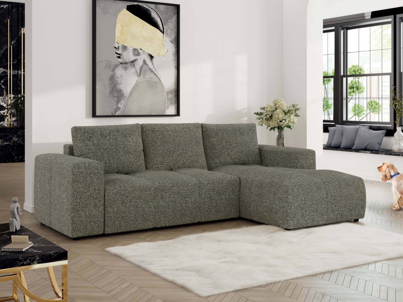 Ecksofa mit Schlaffunktion und Bettkasten, L-form Couch, lose Kissen, Polstersofa - MONIVA - Grau Struktur - rechte Seite Bild 1
