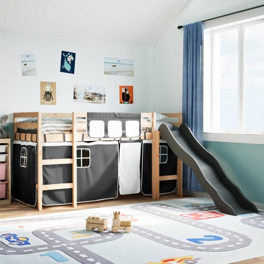 vidaXL Kinderhochbett mit Vorhängen Weiß und Schwarz Massivholz Kiefer 3309065 Bild 1