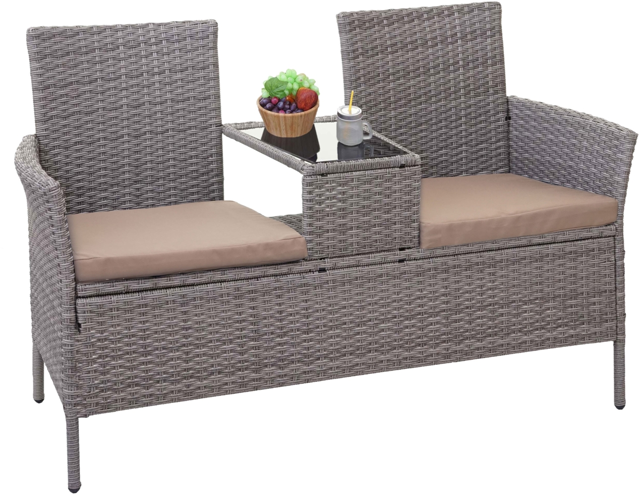Poly-Rattan Sitzbank mit Tisch HWC-E24, Gartenbank Sitzgruppe Gartensofa, 132cm ~ grau, Kissen creme Bild 1