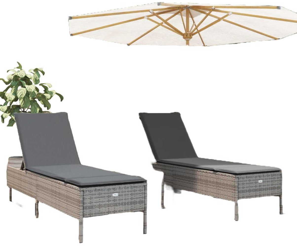 3-tlg. Sonnenliegen-Set mit Auflage Grau Poly Rattan Bild 1