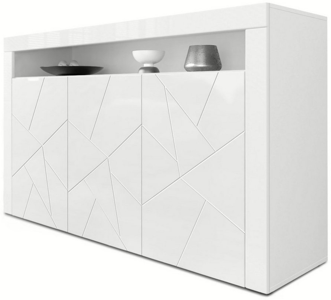 Vladon Sideboard Valencia, Kommode mit 3 Türen und 1 offenem Fach, Weiß Matt/Weiß Hochglanz Element mit 3D Struktur/Weiß Hochglanz (155 x 92 x 40 cm) Bild 1