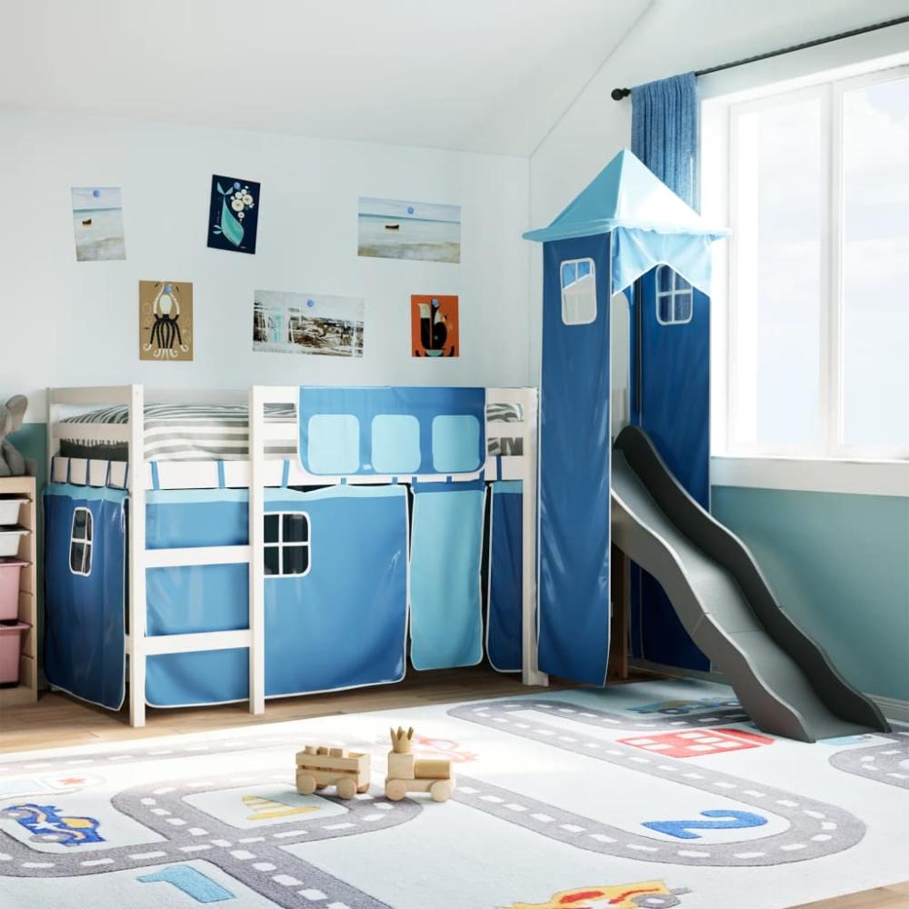 vidaXL Kinderhochbett mit Turm Blau 90x200 cm Massivholz Kiefer 3309132 Bild 1