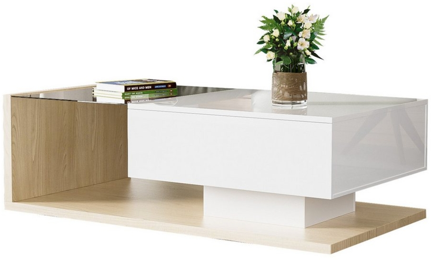 Merax Couchtisch mit Schublade und Glastischplatte, hochglanz mit LED, 105 x 32,5 x 55 cm Bild 1