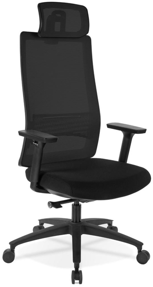 Mesh Bürostuhl Professional | Ergonomischer Drehstuhl mit Lordosenstütze | Schreibtischstuhl mit Kopfstütze und 360° Rotation | Business Chefsessel Schwarz | Kadima Design Bild 1