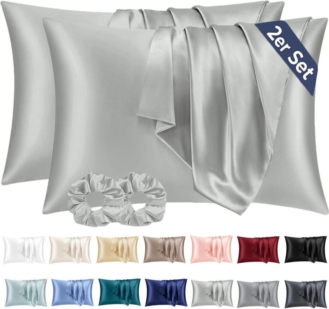 Satin Kissenbezug 2er-Set 40x70 Silver Grau mit Haargummis Bild 1