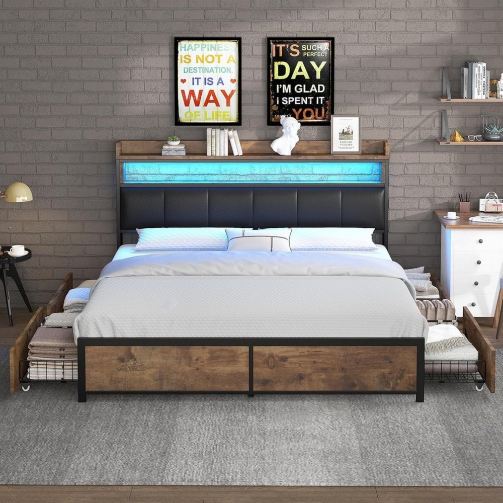 LOVONLIVE Polsterbett Polsterbett, Doppelbett 140x200 cm, mit Lattenrost (Belastbar bis 365 kg, USB), LED-Polsterbett mit Kopfteil, Smart Charging, Vollmetallsystem Bild 1