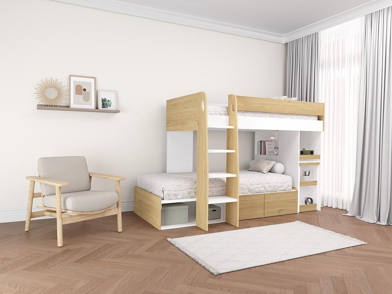 Vente-unique - Etagenbett mit Schreibtisch & Stauraum - 2 x 90 x 190 cm - Holzfarben & Weiß - LOMIDEN Bild 1