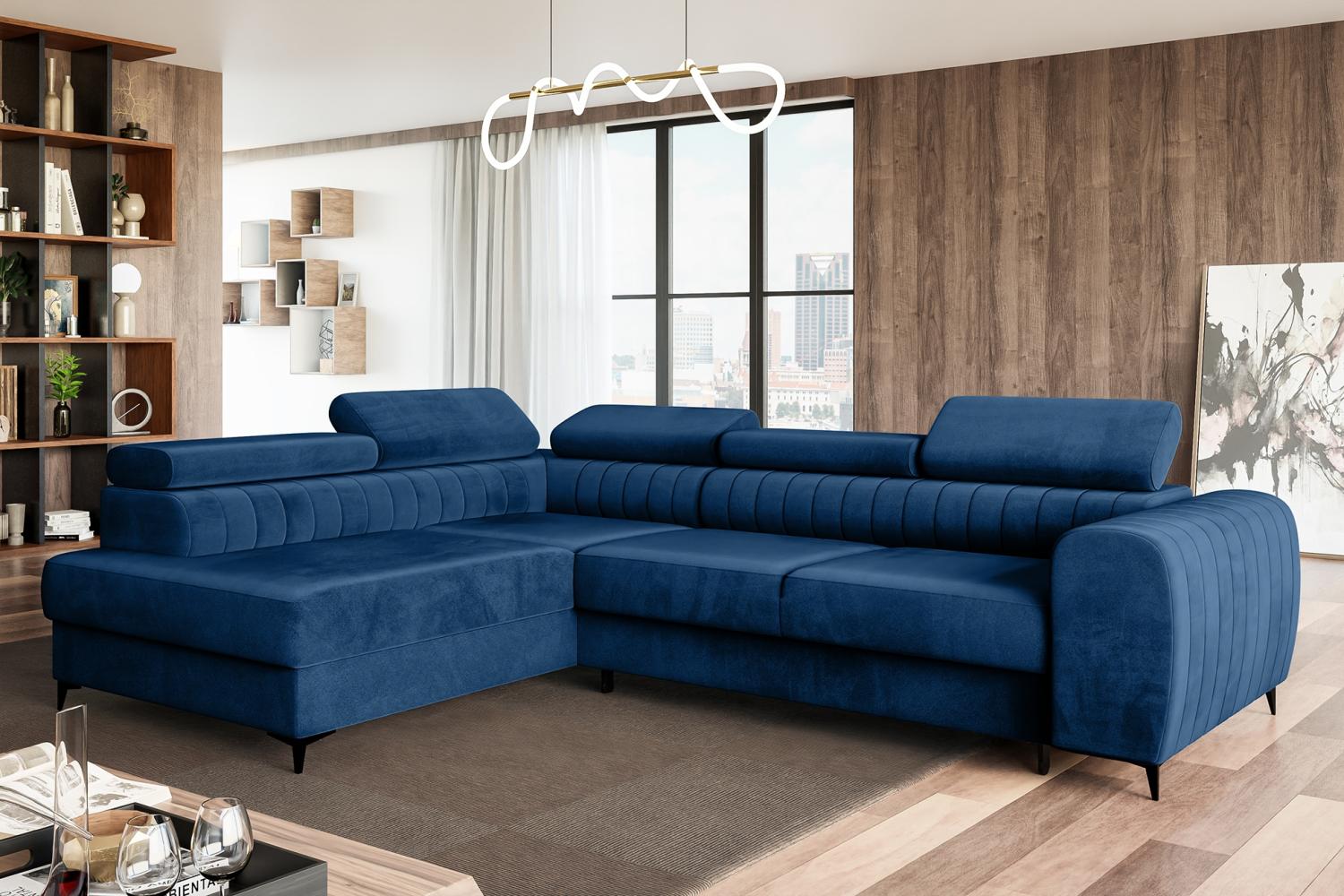 MEBLINI Schlafcouch mit Bettkasten - PORTO - 269x204x72cm Links – Blau Samt - Ecksofa mit Schlaffunktion - Sofa mit Relaxfunktion und Kopfstützen - Couch L-Form - Eckcouch - Wohnlandschaft Bild 1