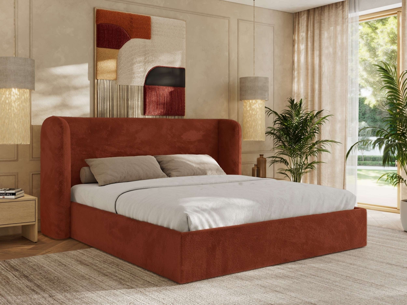 Polsterbett Bett mit Holzlattenrost Schlafzimmer Bett Doppelbett gepolstertes Kopfteil Pocket Matratze - EMORA CLASSIC - 140x200 cm - Orange Plüsch - VIRE LUX Bild 1