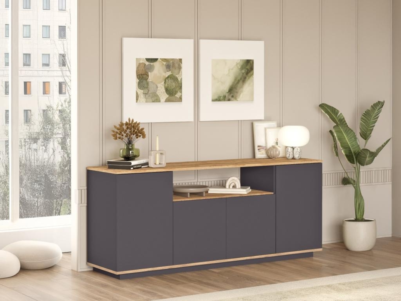 Vente-unique - Sideboard mit 4 Türen & 1 Regal - Anthrazit & Holzfarben - LOTULA Bild 1